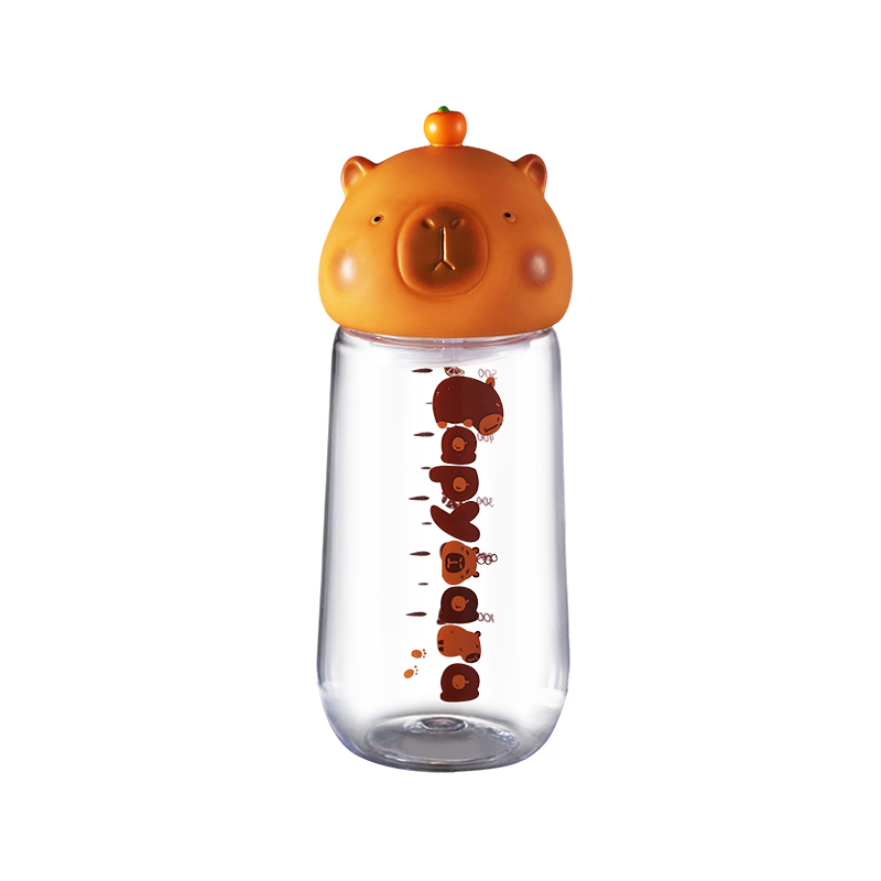 Orange bear water bottle with cartoon bear face lid and stacked bear design.