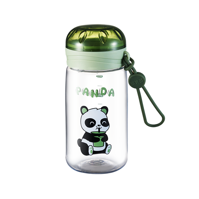 Green panda water bottle with cartoon panda drinking tea design.