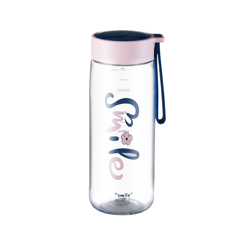 A transparent water bottle with a pink lid and blue carrying strap, featuring the word Smile in stylized blue and pink lettering with a small flower design
