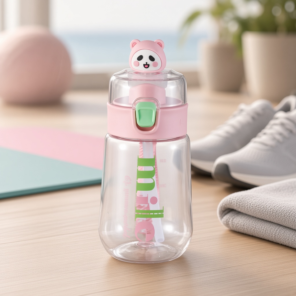 Pink panda sports water bottle in bright gym lifestyle setting showing active hydration design for running training and outdoor fitness use.