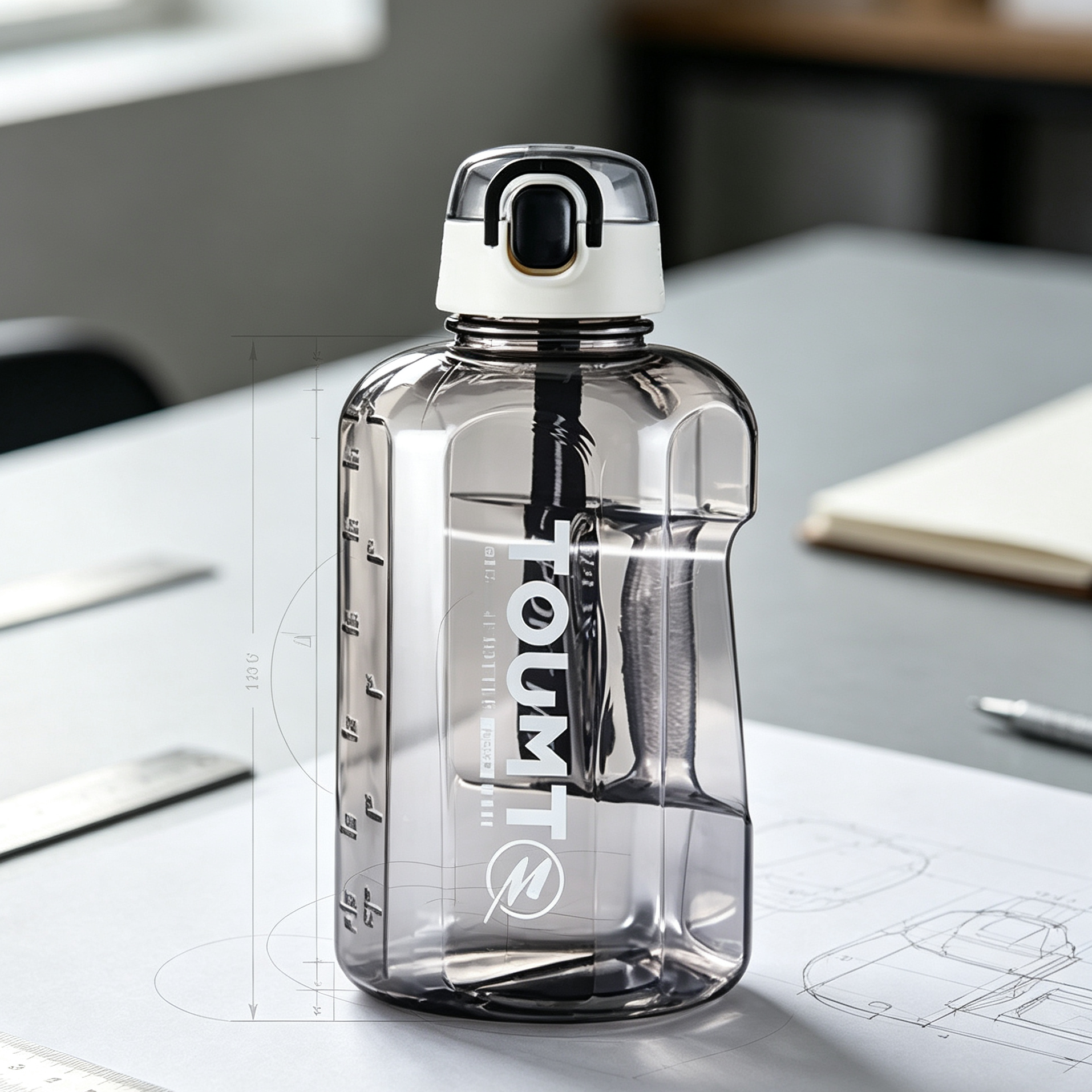 Transparent plastic water bottle with straw and TOUMT branding on industrial design table.