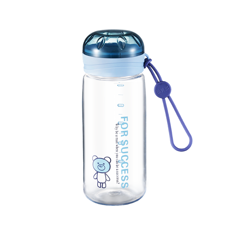Blue bear water bottle with FOR SUCCESS text and blue wrist strap.