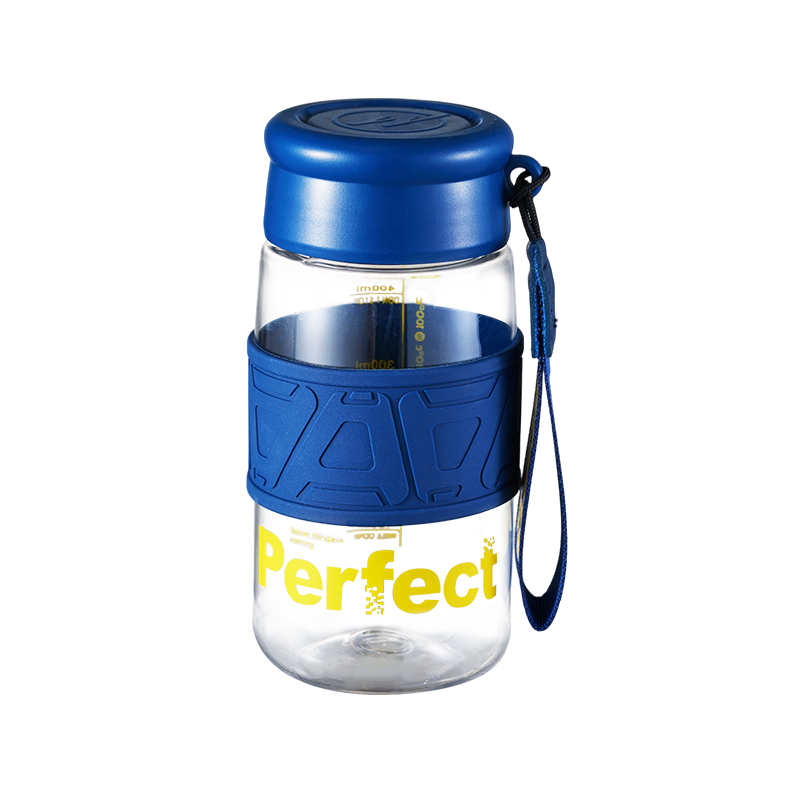 Blue sports water bottle with "Perfect" text and blue silicone sleeve.