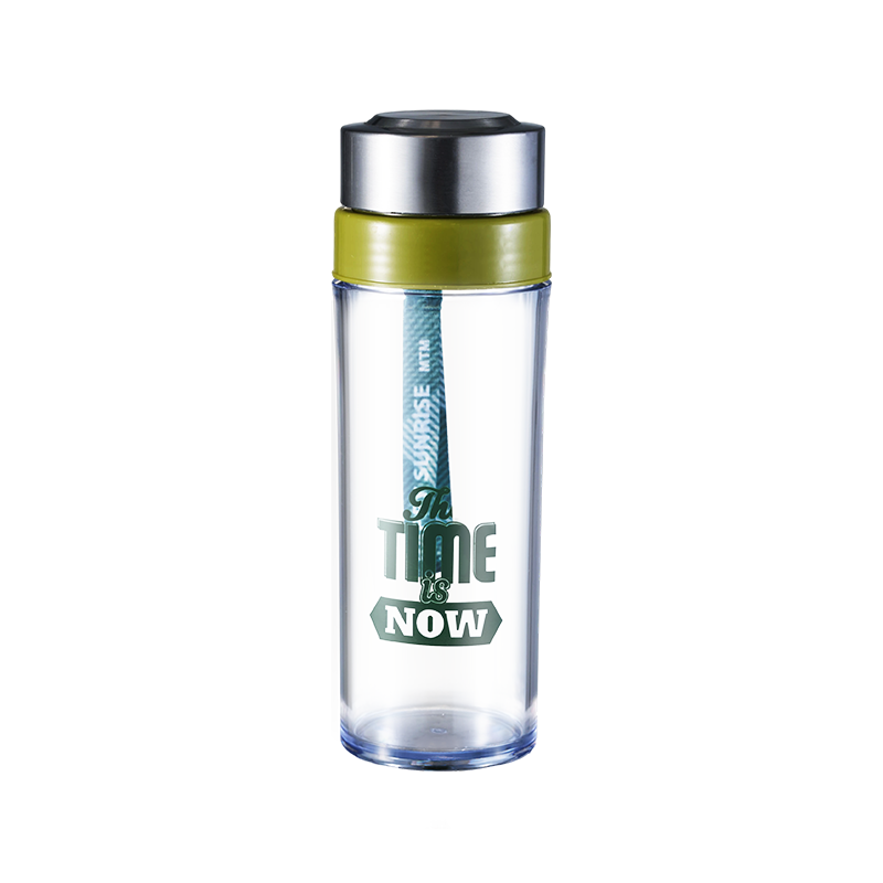 Transparent water bottle with green band and The TIME is NOW text.