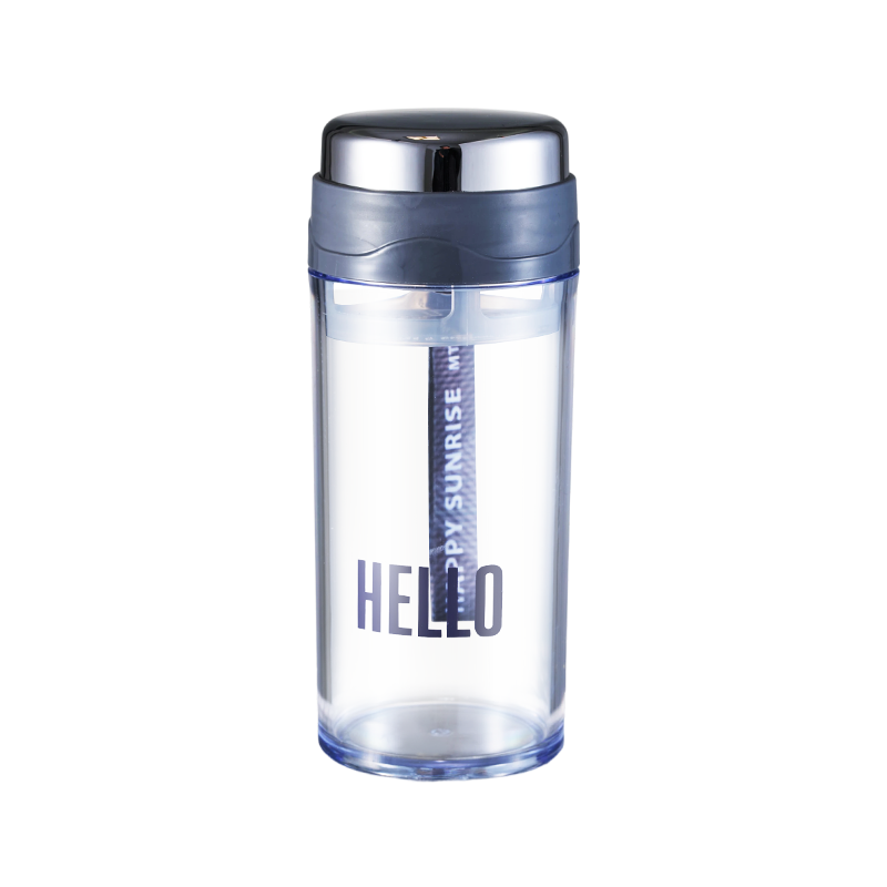 Clear water bottle with gray lid and large "HELLO" text.