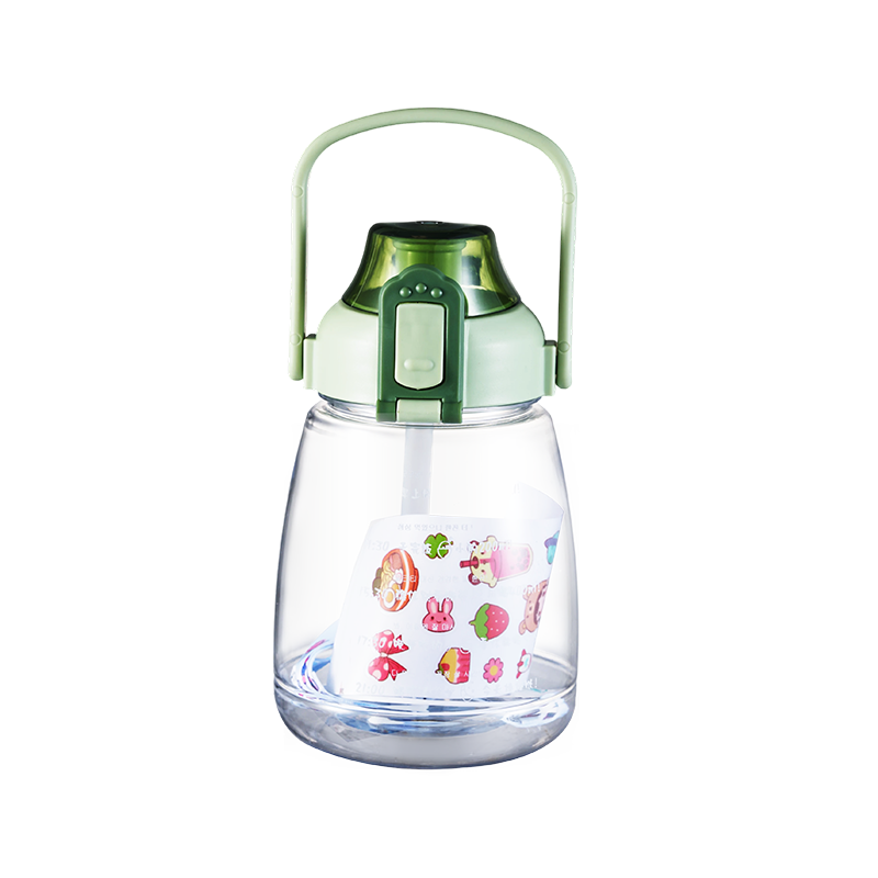 Green kids water bottle with handle, flip lid, and colorful cartoon stickers.